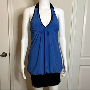 As U Wish S Blue Black Color Block Slinky Stretch Halter Mini Dress 00s …